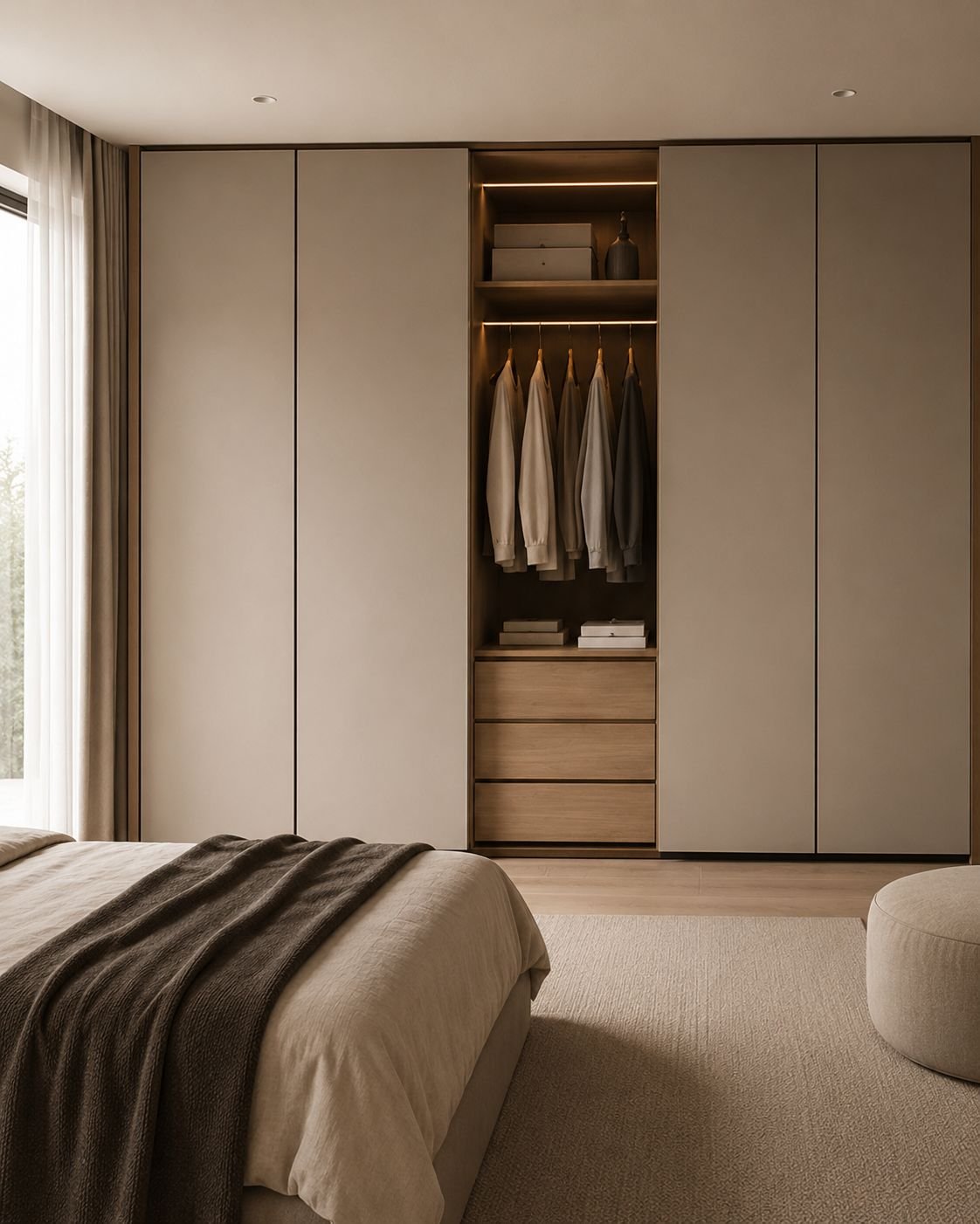Spinta iki lubų su atvira vidurine sekcija: kabykla, lentyna ir stalčiai, uždarais fasadais iš šonų.