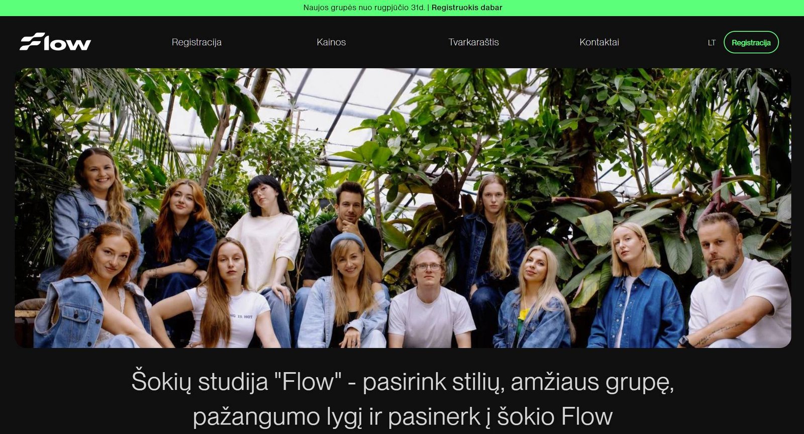 Šokių studija Flow svetainės pagrindinis puslapis kompiuteryje